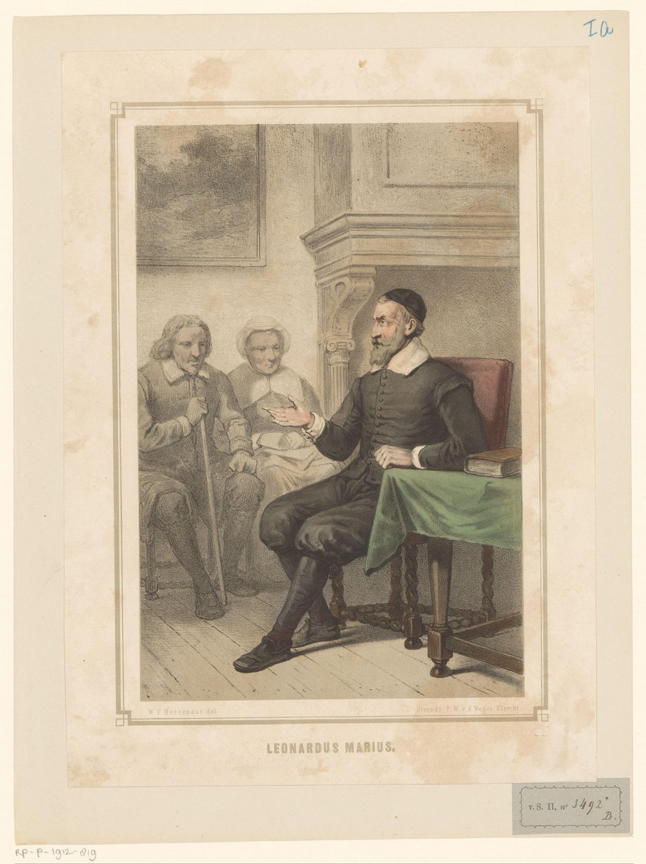 Leonardus Marius van der Goes henvender seg til en mann og en kvinne Leonardus Marius (tittel på objekt) av Willem Pieter Hoevenaar