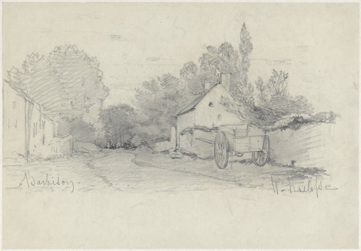 Utsikt over en gate med en vogn i Barbizon av Willem Roelofs (I)