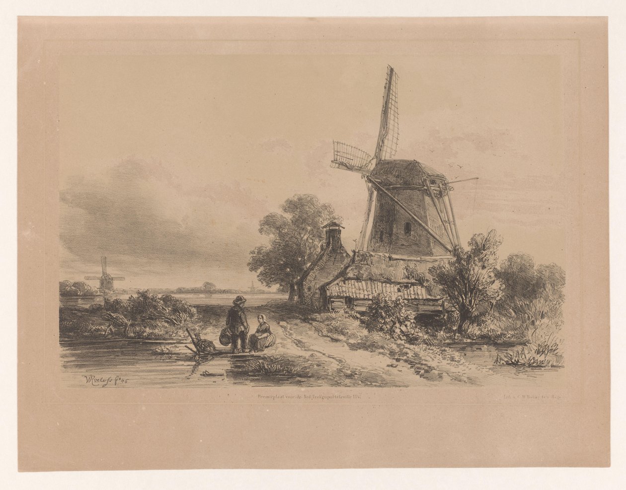 Vindmølle i et landskap med to figurer av Willem Roelofs (I)