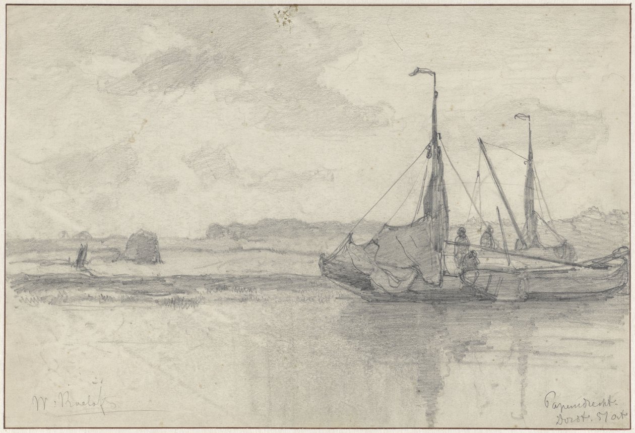 Fiskebåter i et landskap i Papendrecht av Willem Roelofs (I)