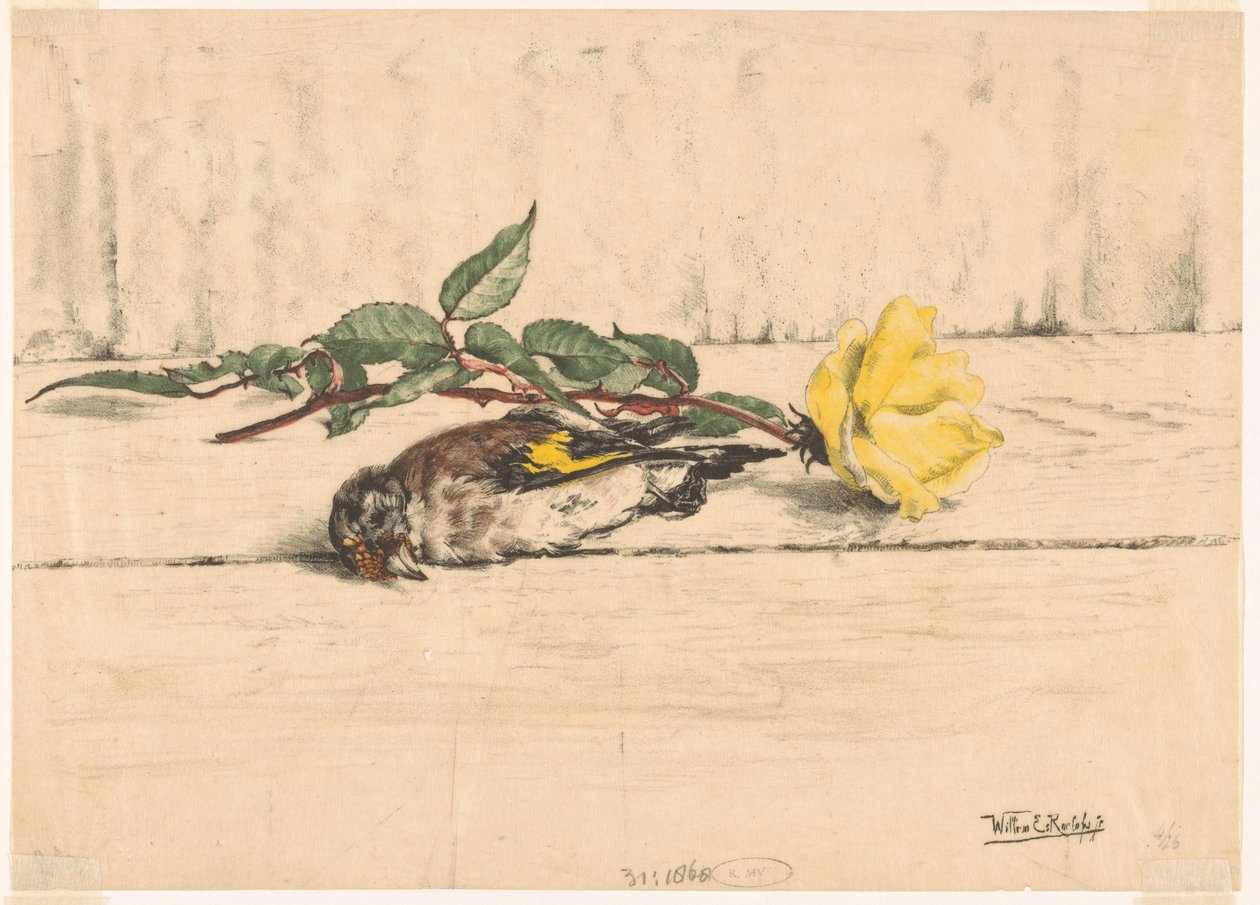 Død gullfink som ligger ved siden av en rose av Willem Roelofs (II) (signed by artist)