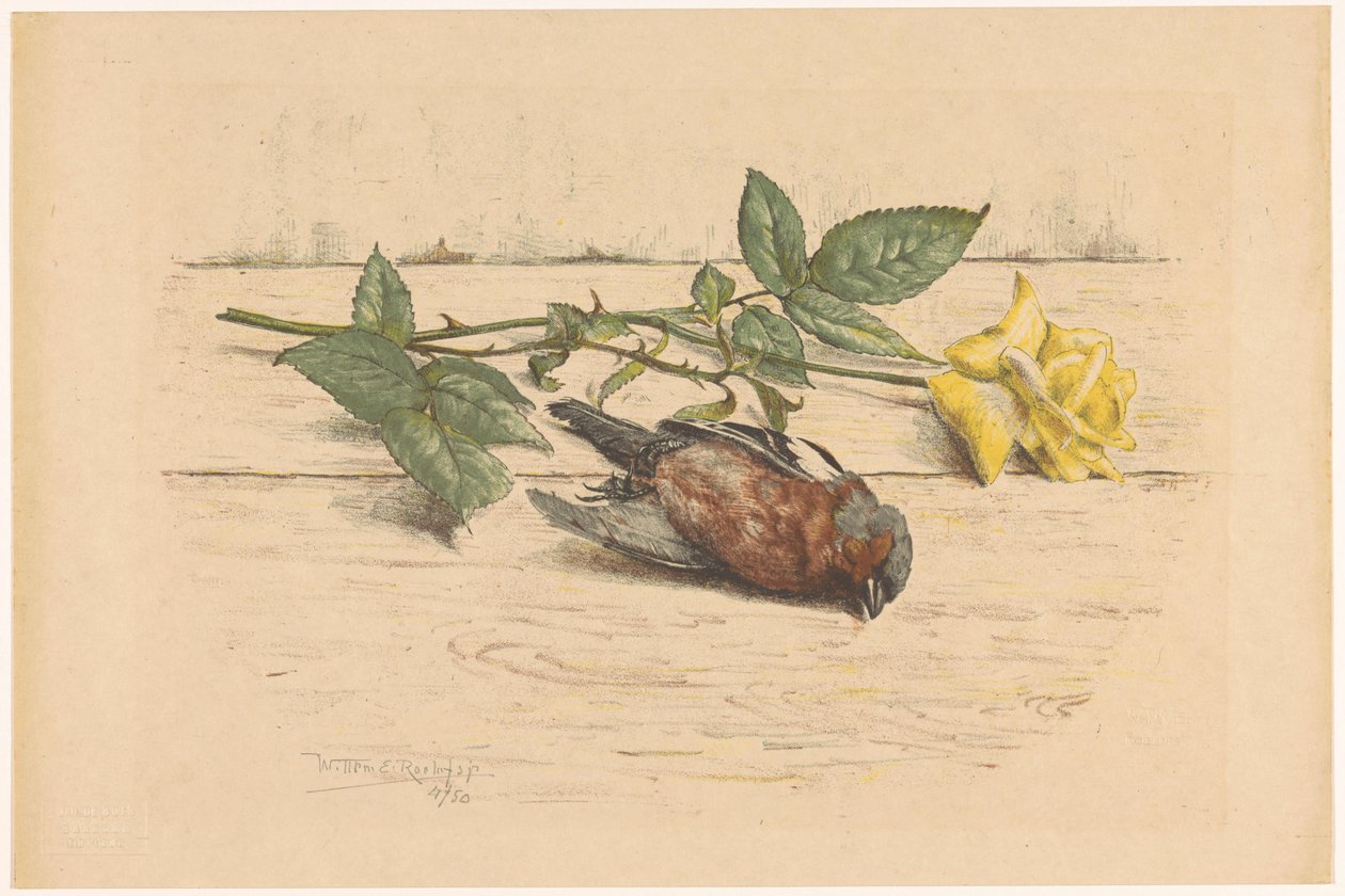Død fink som ligger ved siden av en rose av Willem Roelofs (II) (signed by artist)