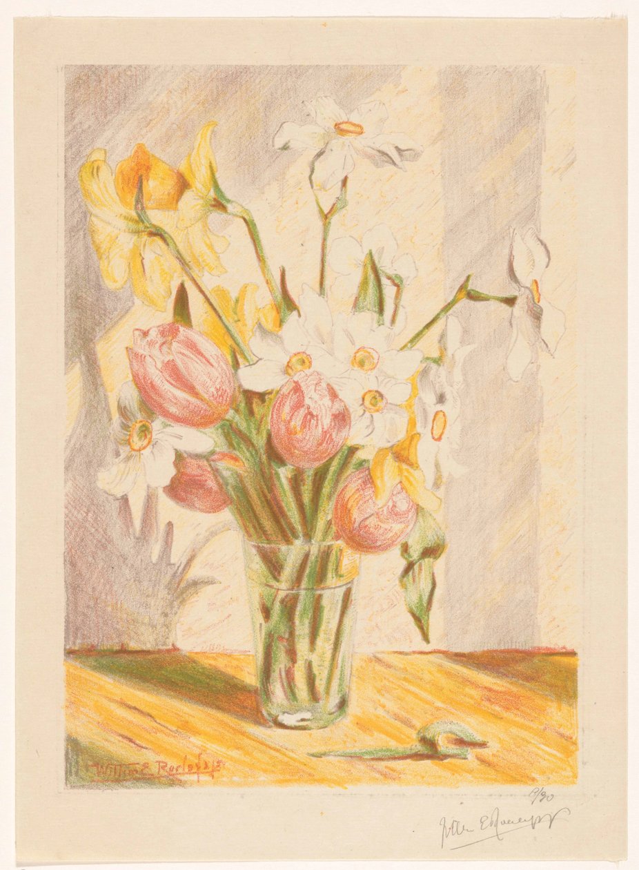 Tulipaner og påskeliljer i en vase av Willem Roelofs (II) (signed by artist)