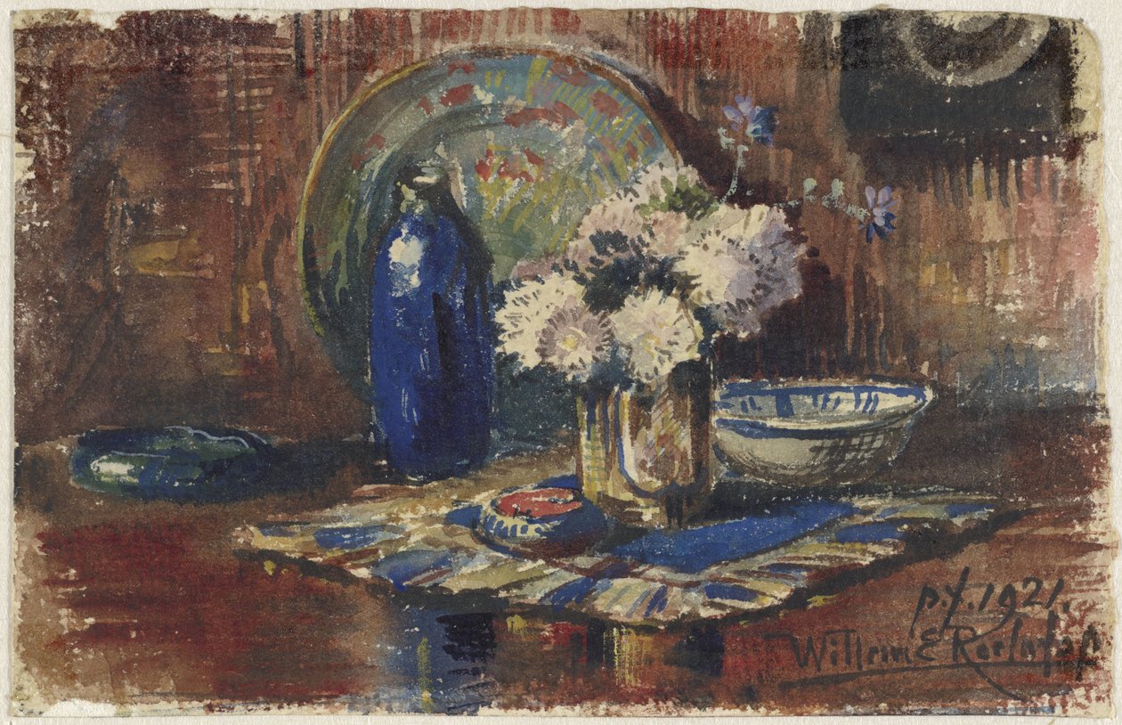Stilleben med blå flaske og vase med blomster av Willem Roelofs (II)