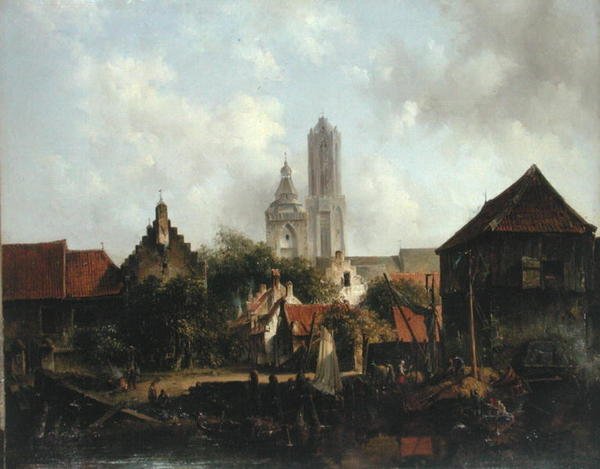 Kanalscene med Utrecht (olje på lerret) av Willem Roelofs