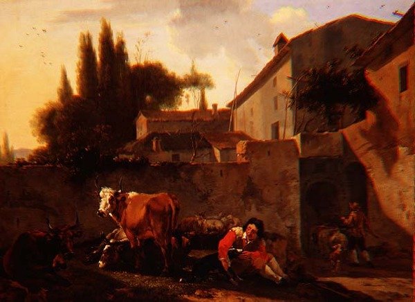 En gjeter og storfe på gårdsplassen til en italiensk gård av Willem Romeyn