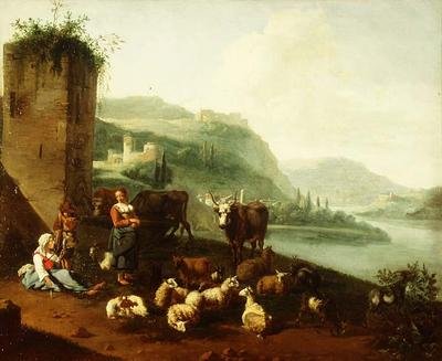 Et italiensk landskap med bønder, storfe, sauer og geiter ved en fontene av Willem Romeyn
