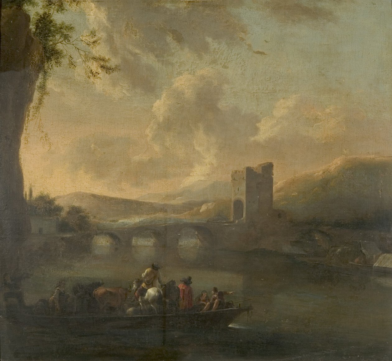 A Ferry Boat Crossing a River, ca. 1640 (olje på lerret lagt på panel) av Willem Schellinks