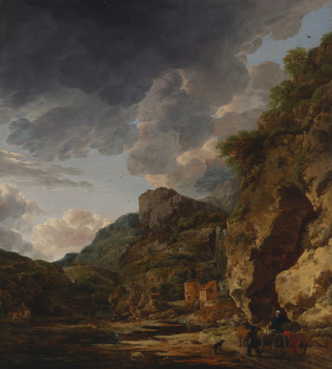 Fjelllandskap med elv og vogn, tredje kvartal av 1600-tallet (olje på panel) av Willem Schellinks