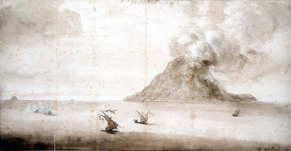 PD.703-1963 View of Stromboli, c.1661-5 (kritt, penn og blekk, vask) av Willem Schellinks