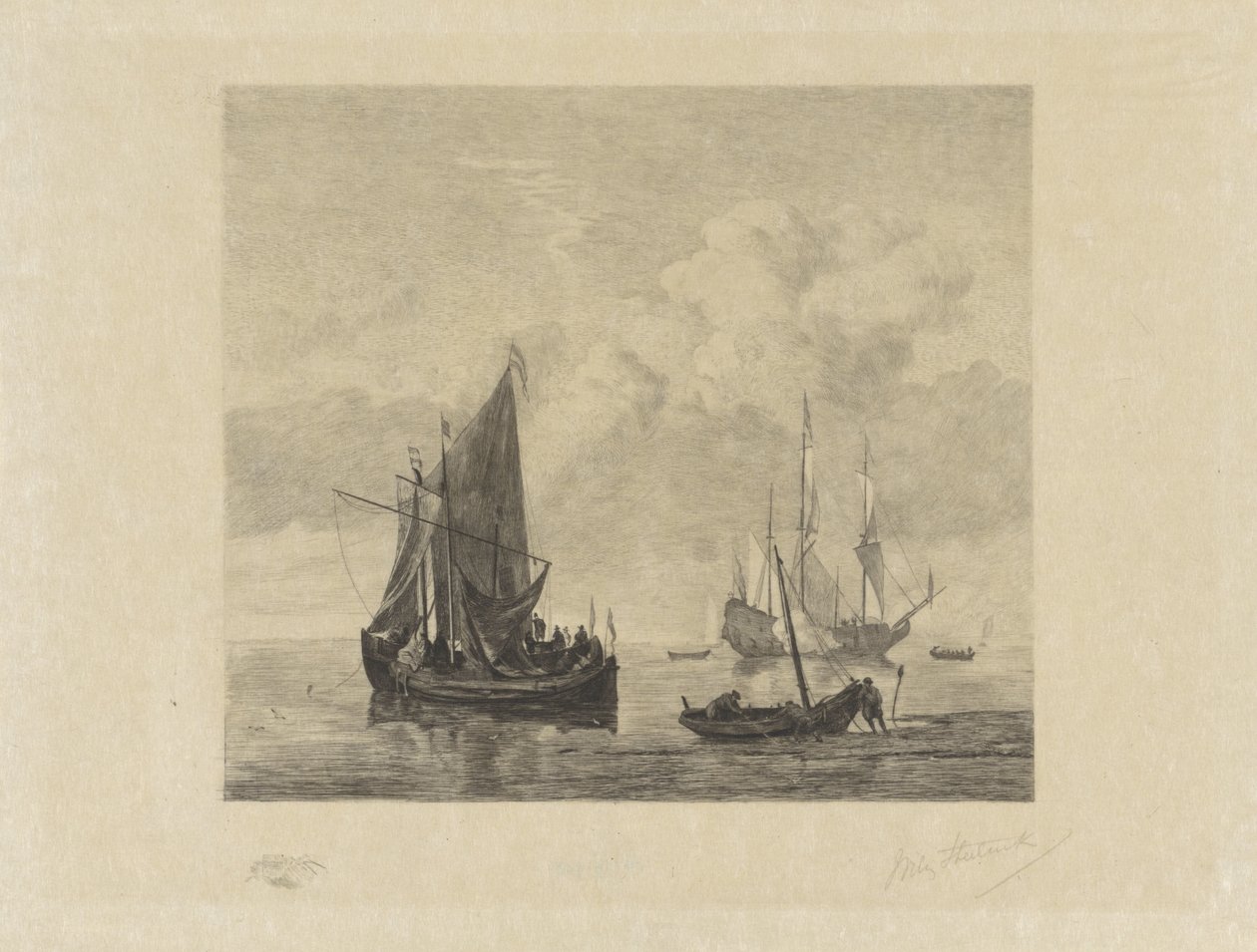 Seilskuter på stille hav av Willem Steelink (II) (signed by artist)