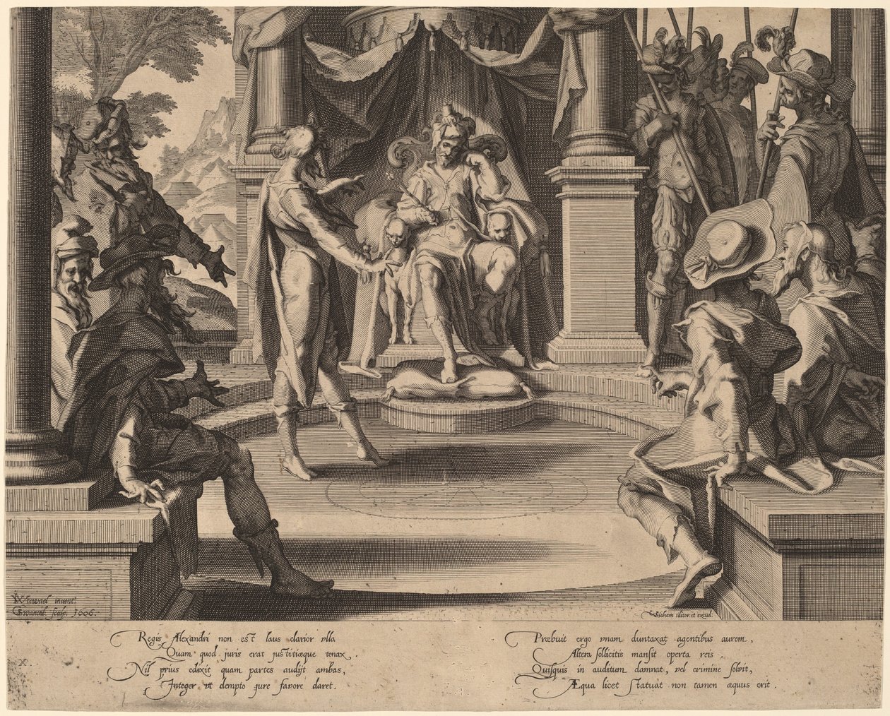 Alexander den store sitter i rettferdighet av Willem Swanenburgh, after Joachim Anthonisz Wtewael