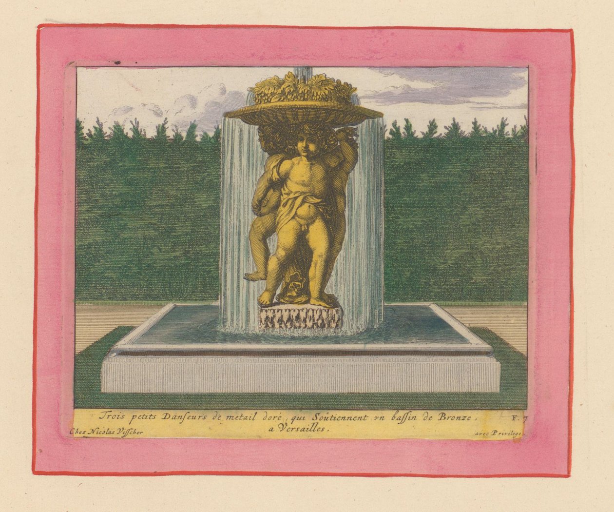 Brunnen mit einer Statue von drei tanzenden Putti, die eine Schale über ihren Köpfen tragen av Willem Swidde