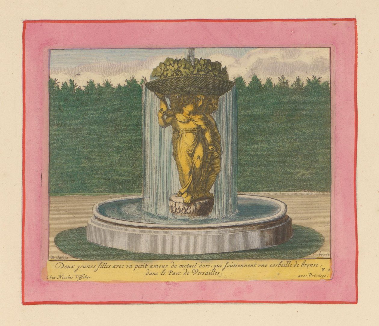 Brunnen mit einer Statue von drei Frauen, die einen Korb über ihren Köpfen tragen av Willem Swidde