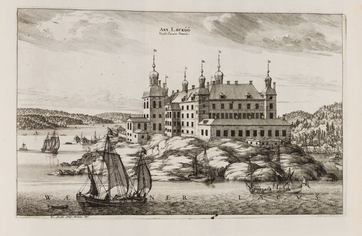 Läckö slott fra Vänernsiden. Fra «Suecia antiqua et hodierna» av Willem Swidde