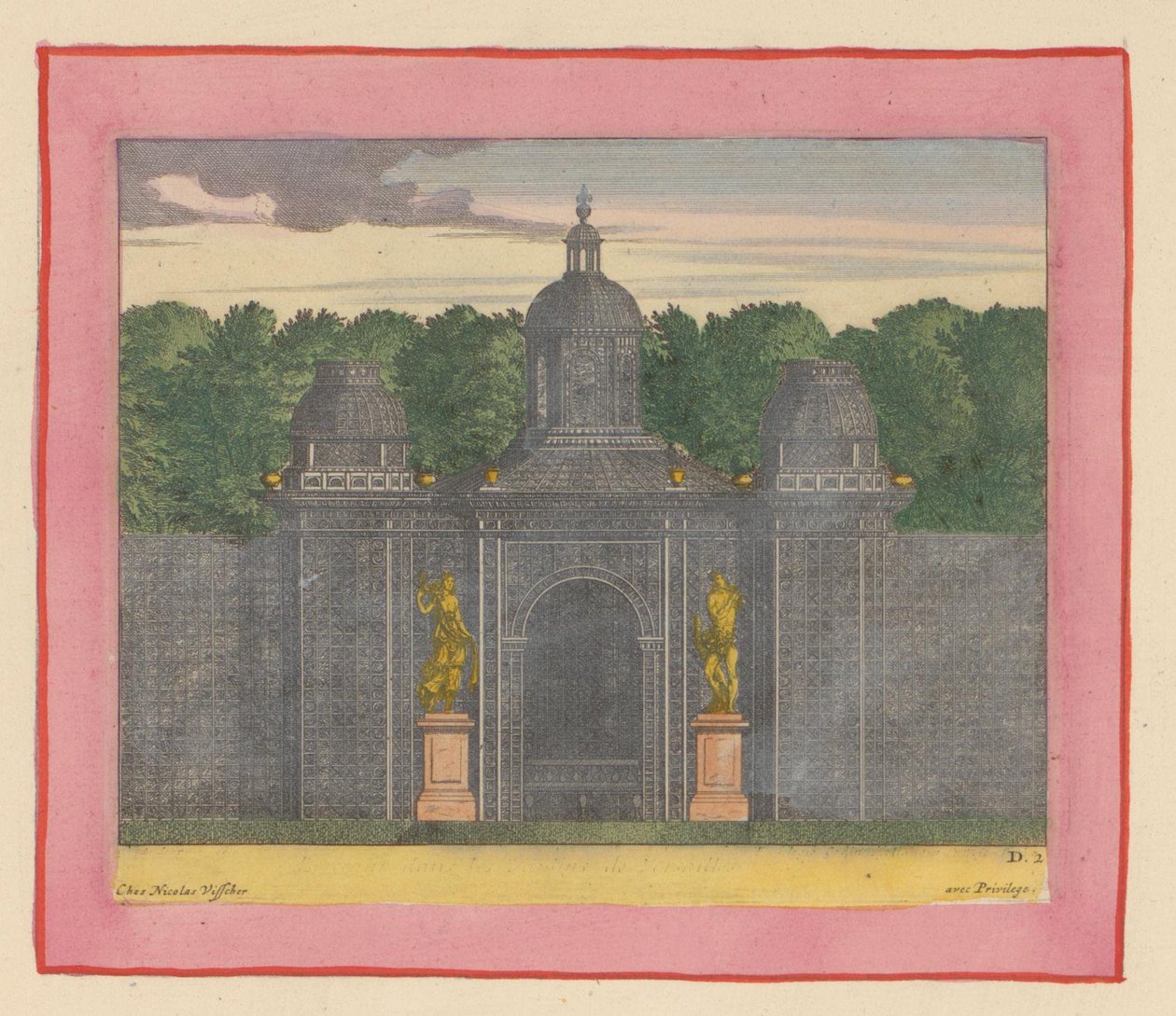 Pavillon aus Lattenwerk mit Musikerstatuen in den Gärten von Versailles av Willem Swidde