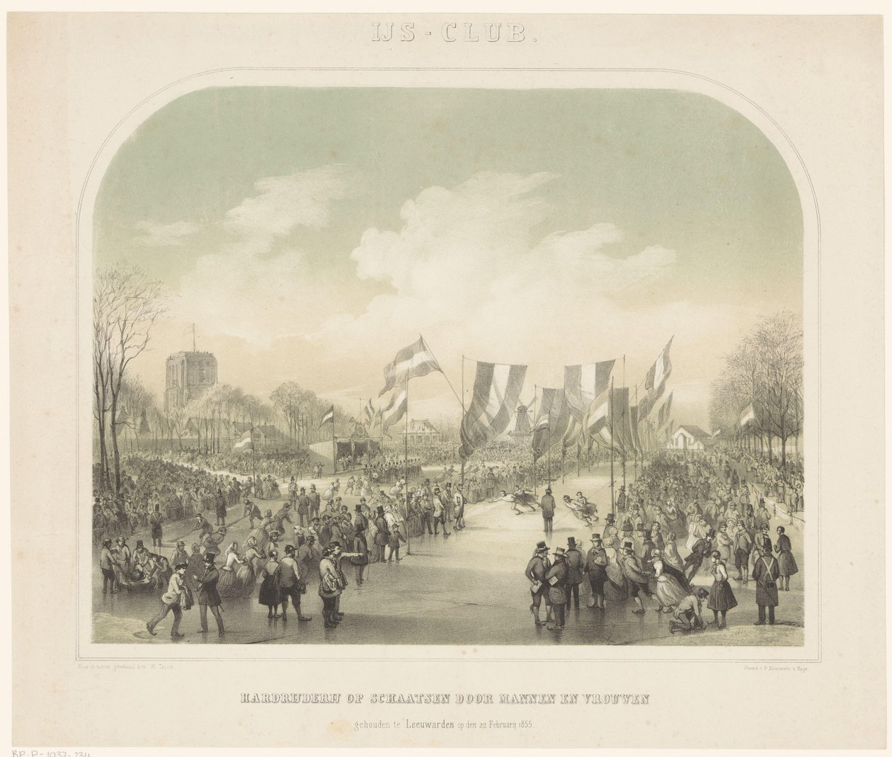 skøytekonkurranse Isklubb / hurtigløp av menn og kvinner holdt i Leeuwarden 22. februar 1855 (tittel på objekt) av Willem Troost (II)