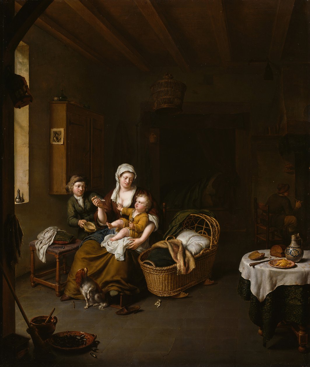 En mor som mater sitt barn Den glade mor, 1707. av Willem Van Mieris