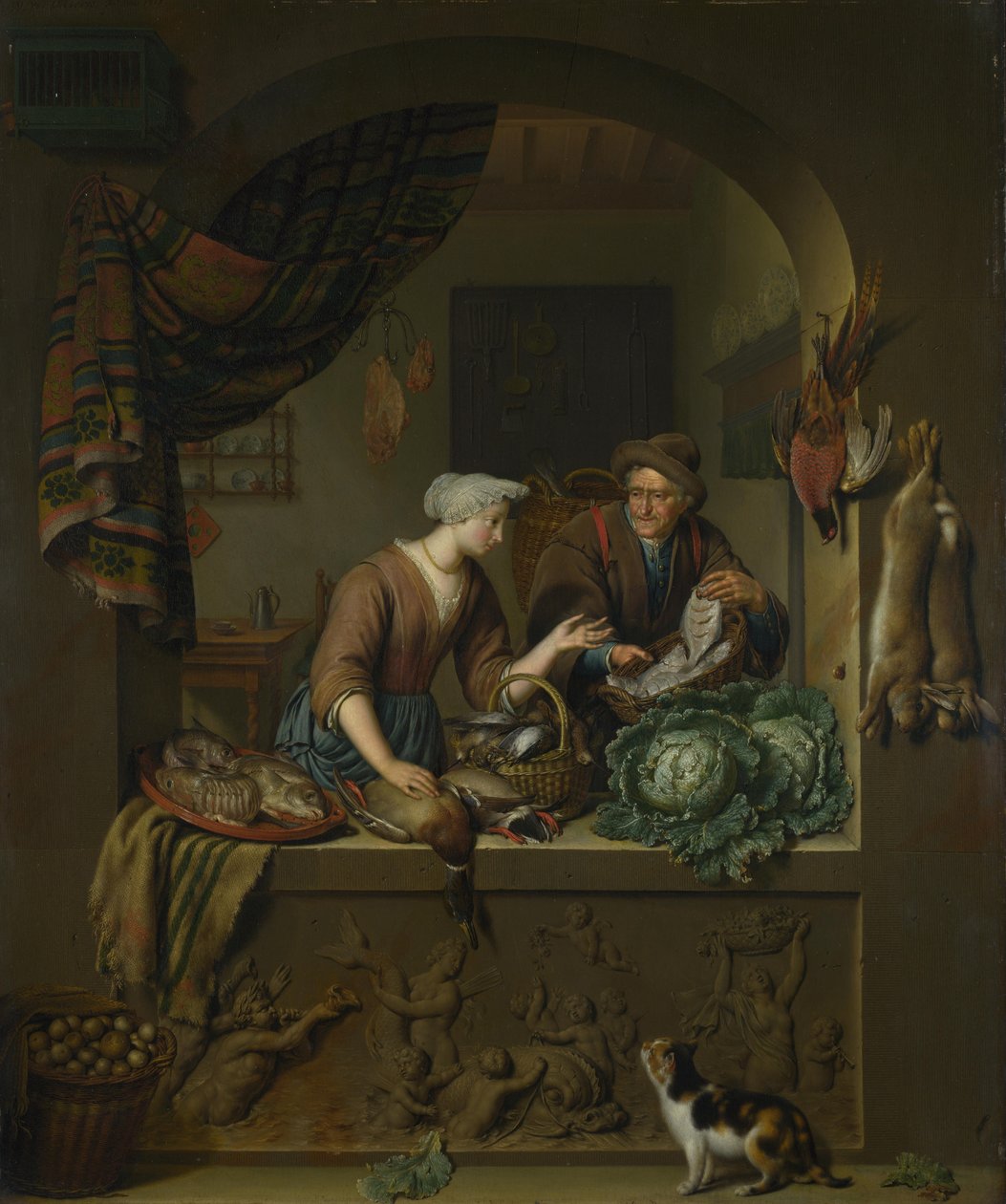 En kvinne og en fiskefarer på et kjøkken, 1713 av Willem Van Mieris