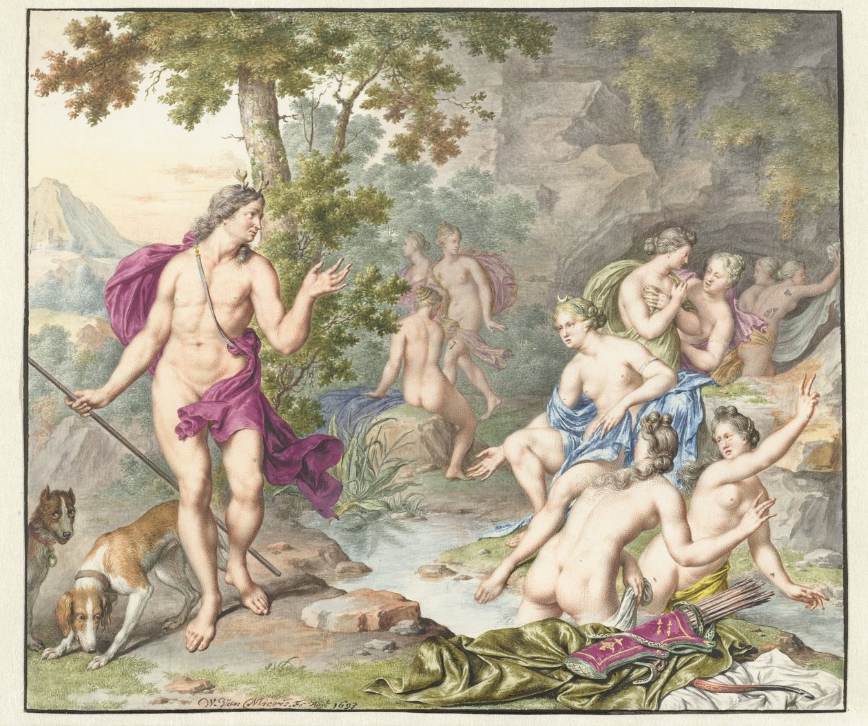 Actaeon overrasker Diana og følgesvennene hennes av Willem Van Mieris