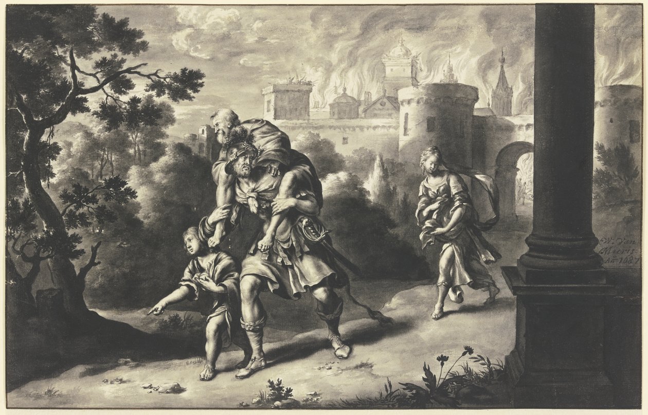 Aeneas redder Anchises fra det brennende Troja av Willem Van Mieris