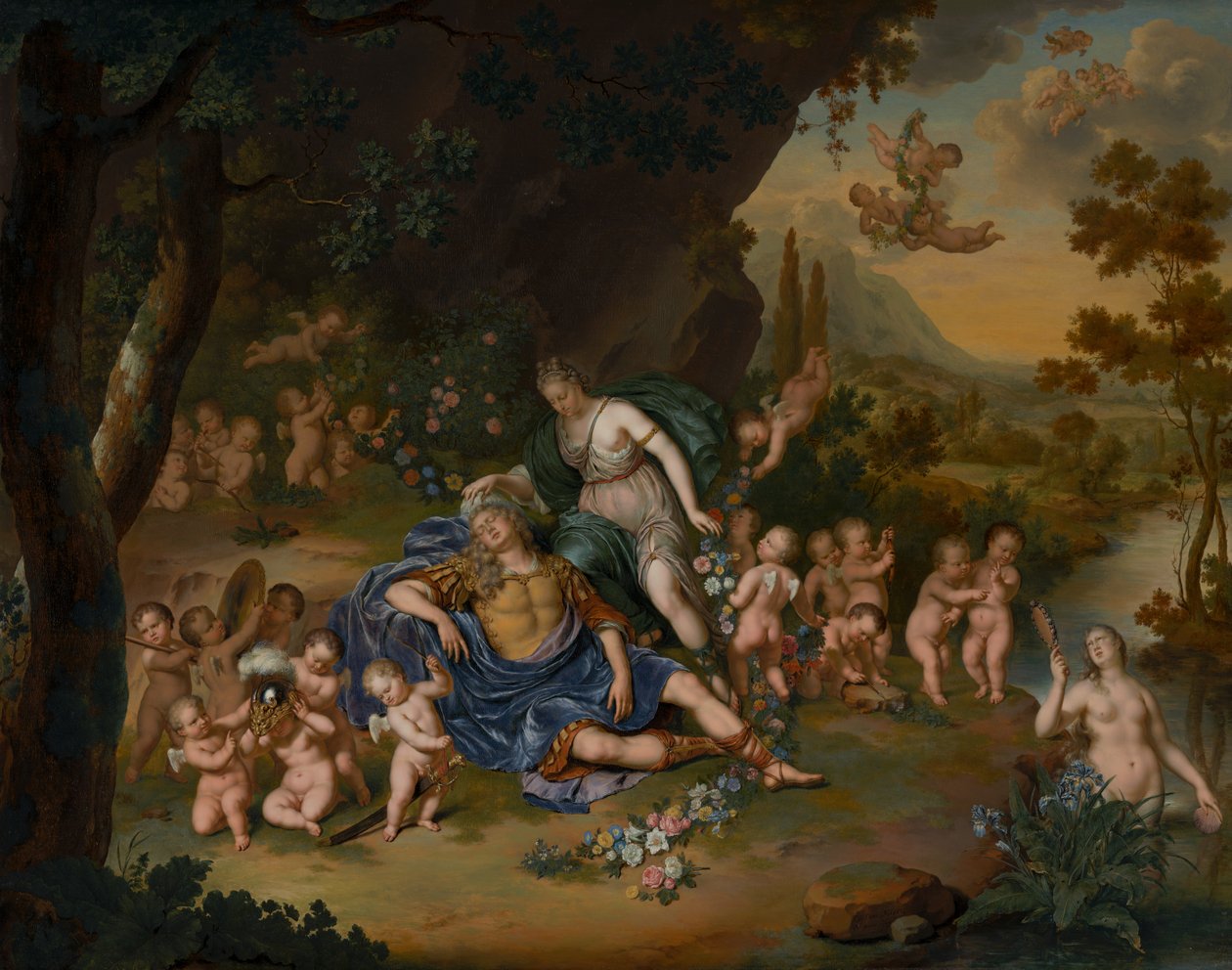 Armida binder den sovende Rinaldo med blomster av Willem Van Mieris