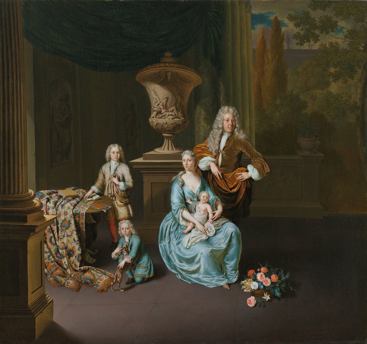 Diederik Baron van Leyden van Vlaardingen (1695-1764). Borgmester i Leiden, med sin kone Sophia Dina de Rovere og deres sønner Pieter, Jan og Adriaan Pompejus av Willem Van Mieris