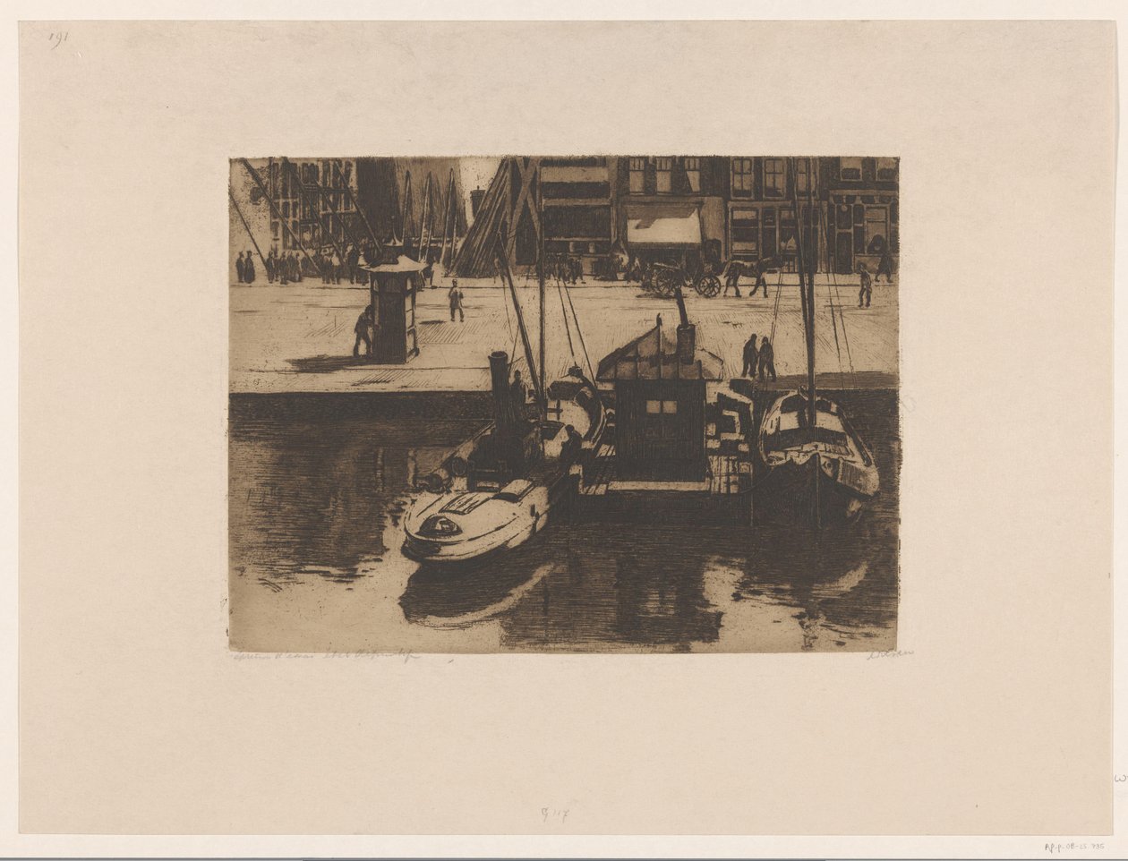 Fortøyde båter ved Damrak i Amsterdam av Willem Witsen (signed by artist)