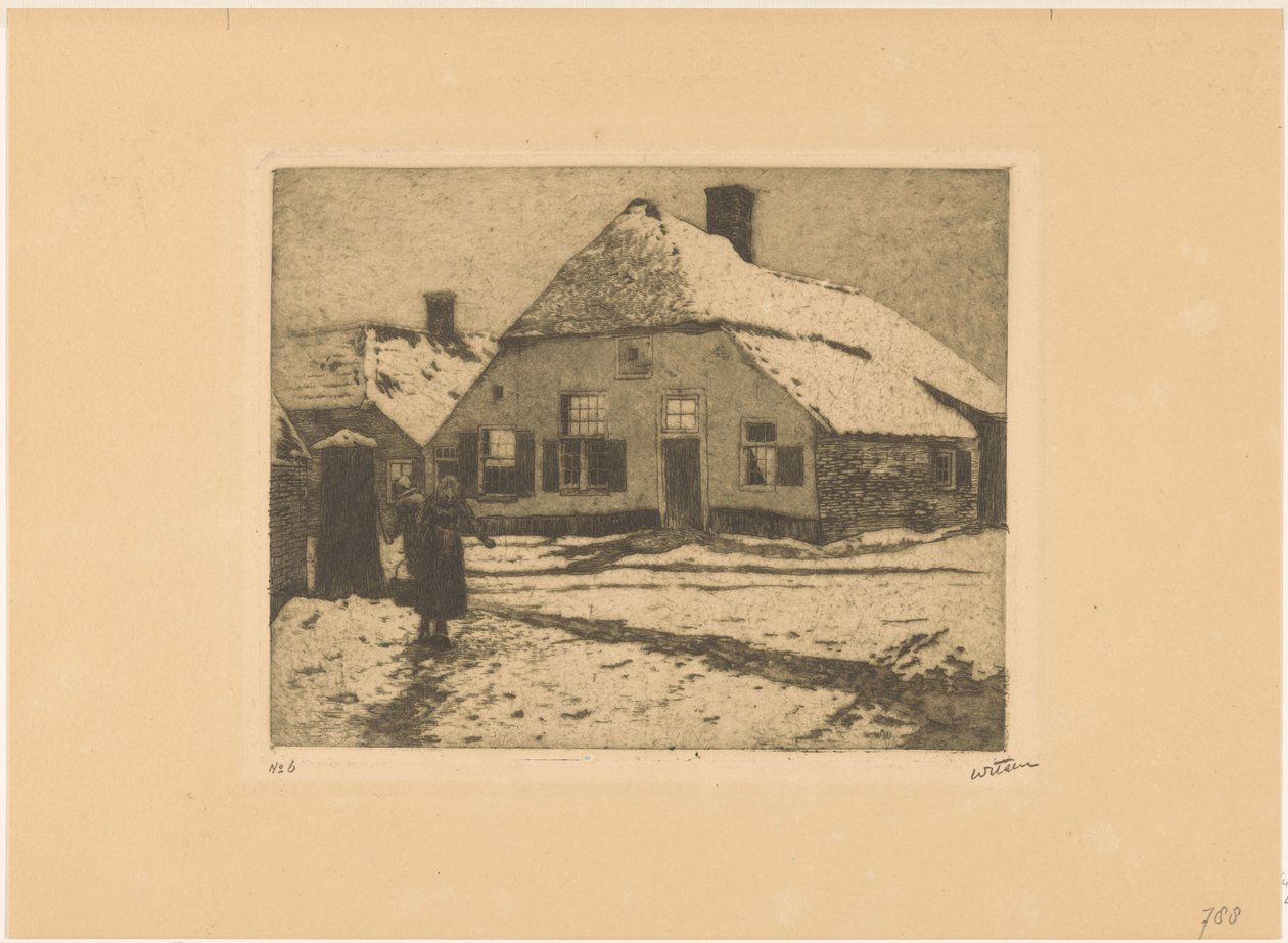 Snødekte hus på en vei i Ede av Willem Witsen (signed by artist)