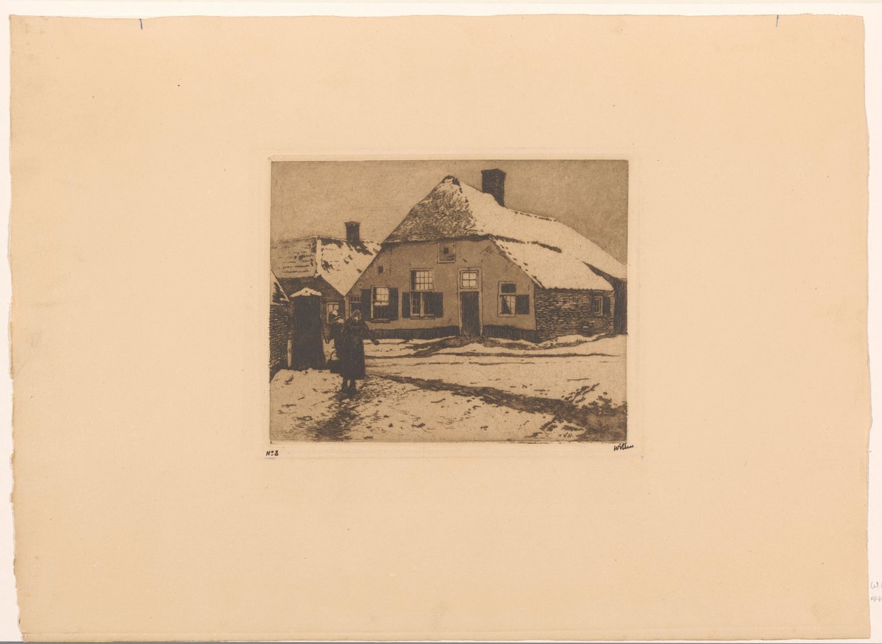 Snødekte hus på en vei i Ede av Willem Witsen (signed by artist)