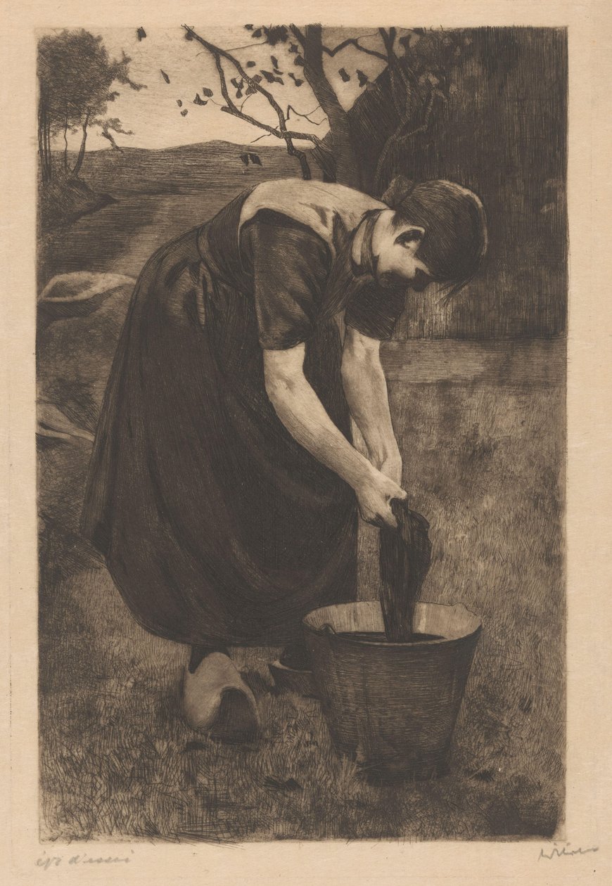 Farmer vasker tekstiler i bøtte av Willem Witsen (signed by artist)