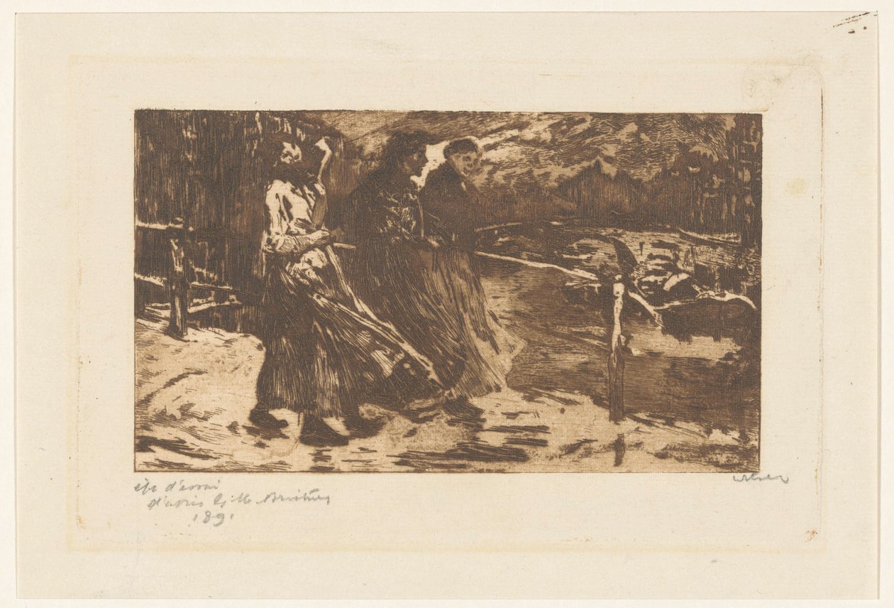 Tre kvinner på en bro i regn og vind av Willem Witsen (signed by artist)