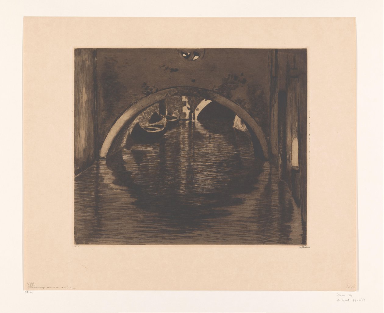 Utsikt under en bro med to robåter Under broen, Venezia (original tittel) av Willem Witsen (signed by artist)