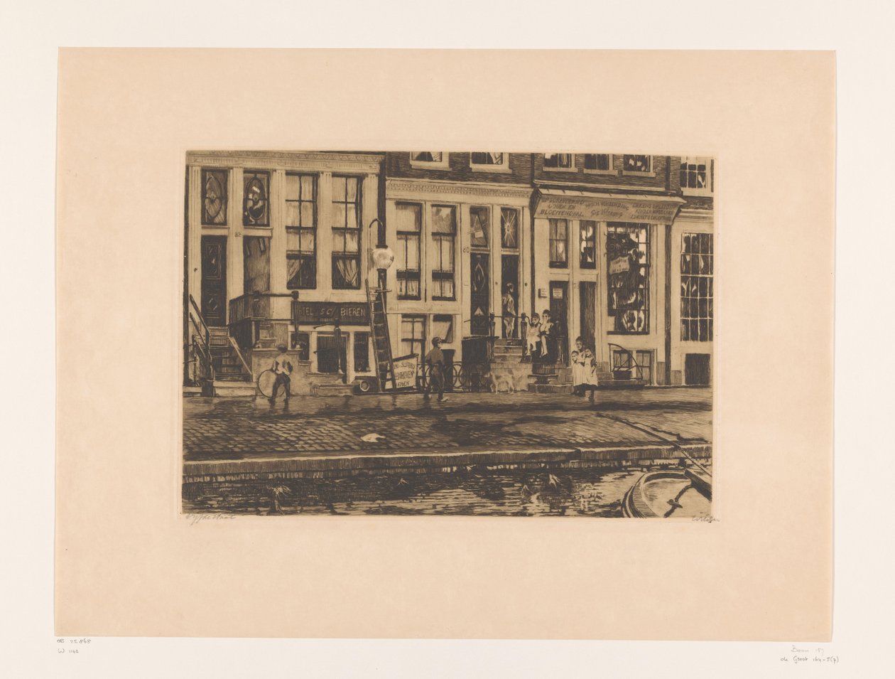 Utsikt over Oude Waal i Amsterdam Oude Waal med vaskeanlegget til Veltkamp-søstrene (original tittel) av Willem Witsen (signed by artist)