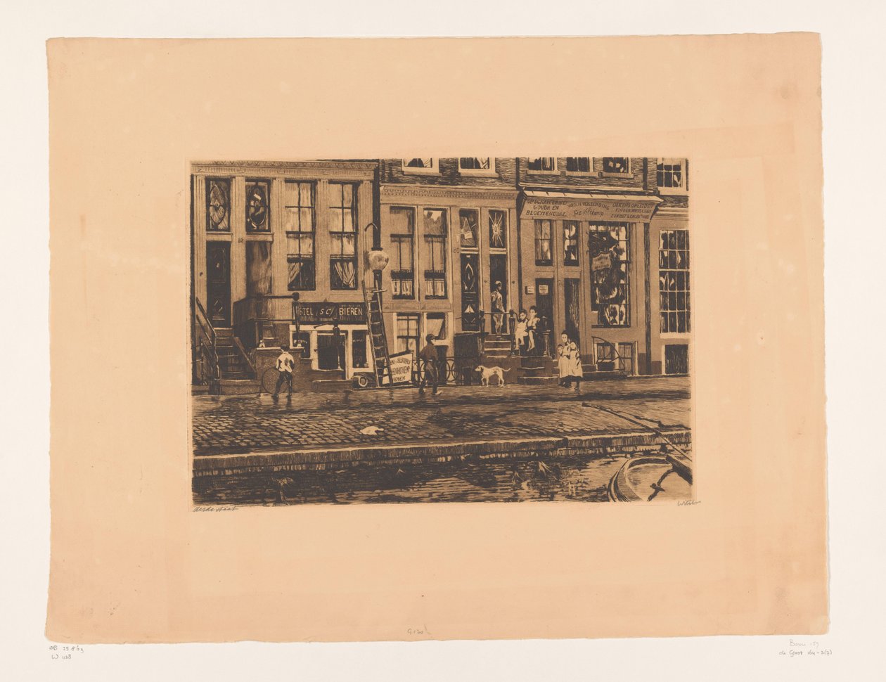 Utsikt over Oude Waal i Amsterdam Oude Waal med vaskefasilitetene til Veltkamp-søstrene (original tittel) av Willem Witsen (signed by artist)