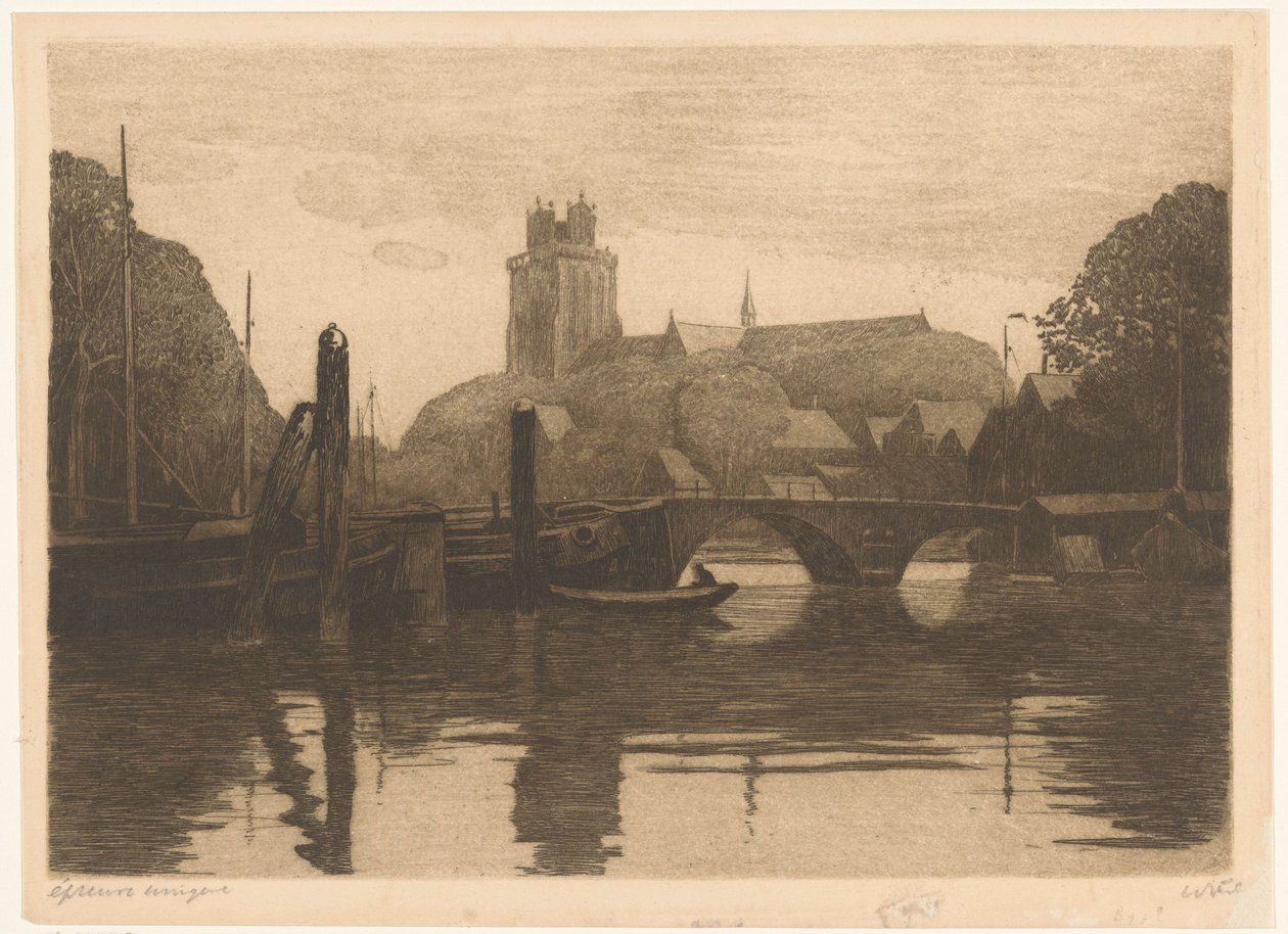 Utsikt over Nieuwe Haven og Grote Kerk i Dordrecht av Willem Witsen (signed by artist)
