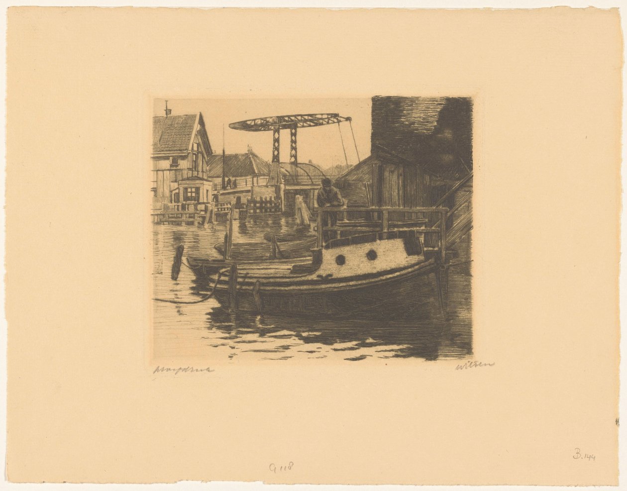 Utsikt over vindebroen mellom Kalkmarkt og 's Gravenhekje i Amsterdam av Willem Witsen (signed by artist)