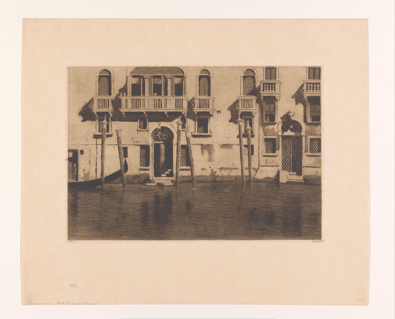 Utsikt over fasader og pullerter langs Canal Grande i Venezia Hus med seks pullerter, Venezia (original tittel) av Willem Witsen (signed by artist)