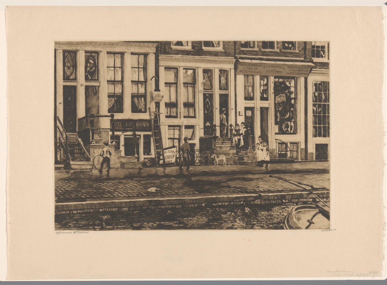 Utsikt over hus på Oude Waal i Amsterdam Amsterdam Oude Waal (tittel på objekt) av Willem Witsen (signed by artist)
