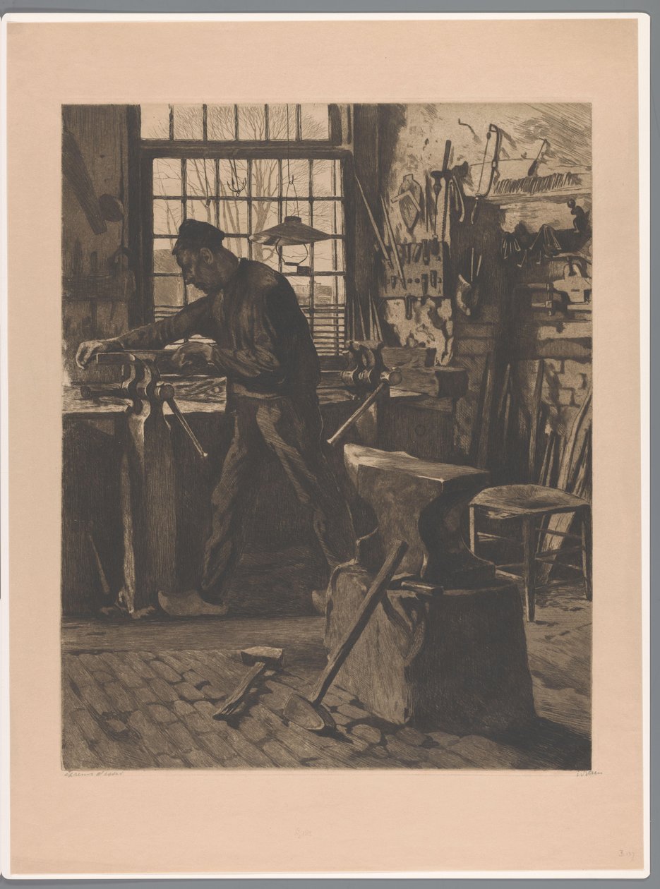 Smed på jobb på en skrustikke ved vinduet Landsbysmed foran vinduet (Bram) (original tittel) av Willem Witsen (signed by artist)