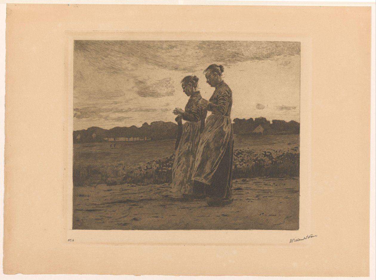 To stående strikkere i et landskap i Ede av Willem Witsen (signed by artist)