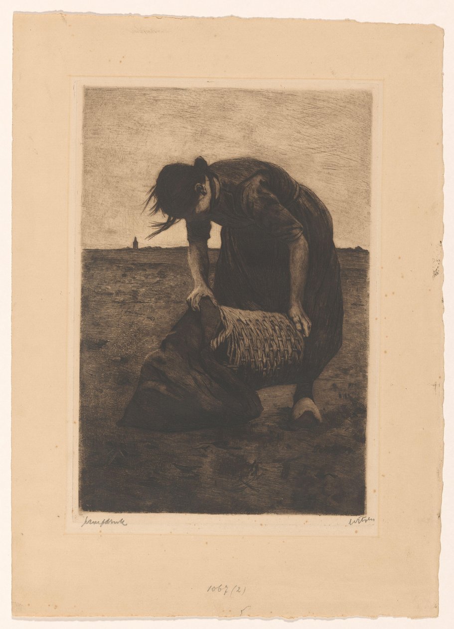 Foroverbøyd potethøster med kurv og pose av Willem Witsen (signed by artist)