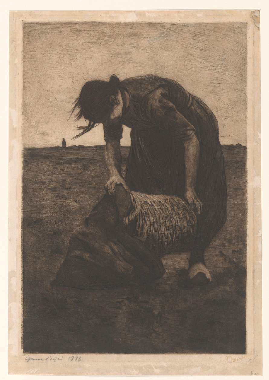 Foroverbøyd potethøster med kurv og pose av Willem Witsen (signed by artist)
