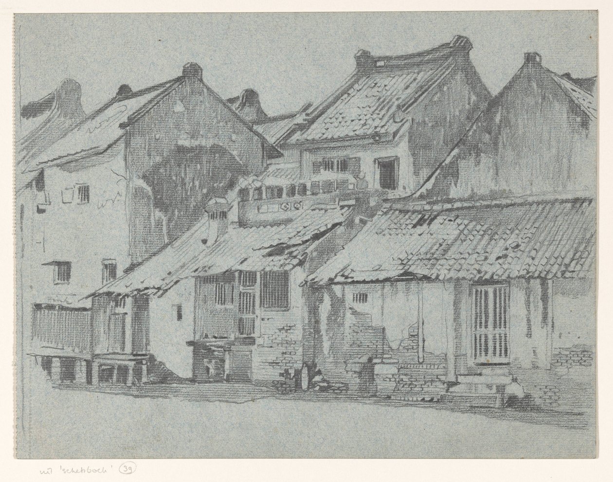 Bakfasader av hus ved en elv i Batavia av Willem Arnoldus Witsen