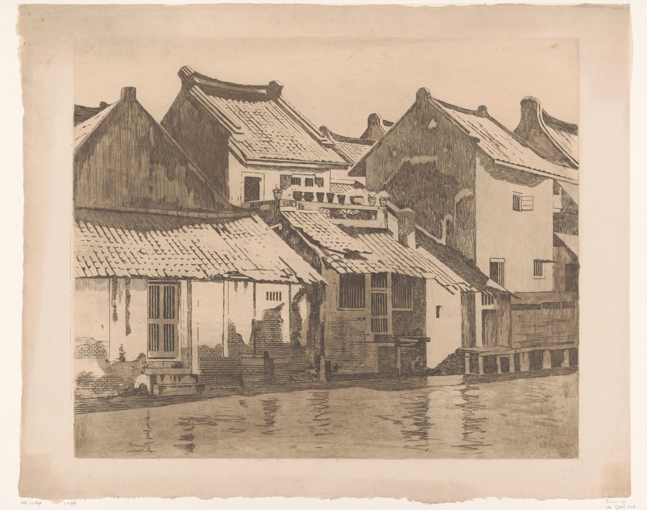Bakfasader på boliger ved en elv i Batavia av Willem Witsen