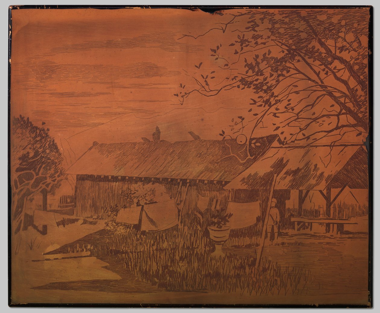 Gambar, langt uthus, tørking av klesvask i forgrunnen av Willem Arnoldus Witsen