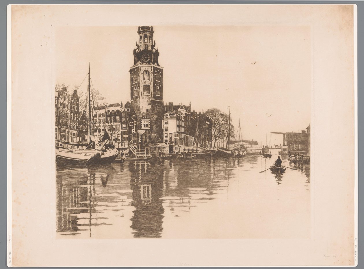 Utsikt over Montelbaanstoren i Amsterdam Oude Schans med Montelbaanstoren og robåt (original tittel) av Willem Arnoldus Witsen