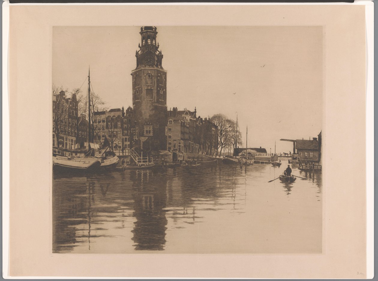 Utsikt over Montelbaanstoren i Amsterdam Gamle Schans med Montelbaanstoren og robåt (original tittel) av Willem Arnoldus Witsen