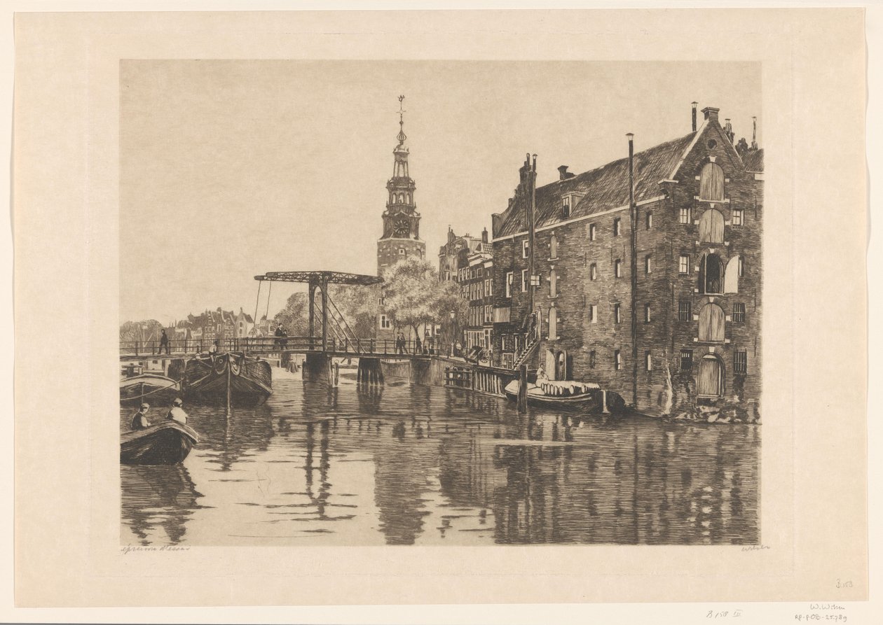 Utsikt over en bro på lageret Sverige i Amsterdam av Willem Arnoldus Witsen