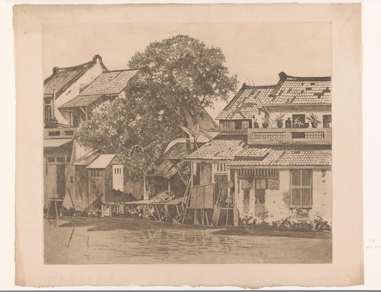 Utsikt over hus ved en elv i Batavia Hus på kali. Trær mellom husene, Batavia (original tittel) av Willem Arnoldus Witsen
